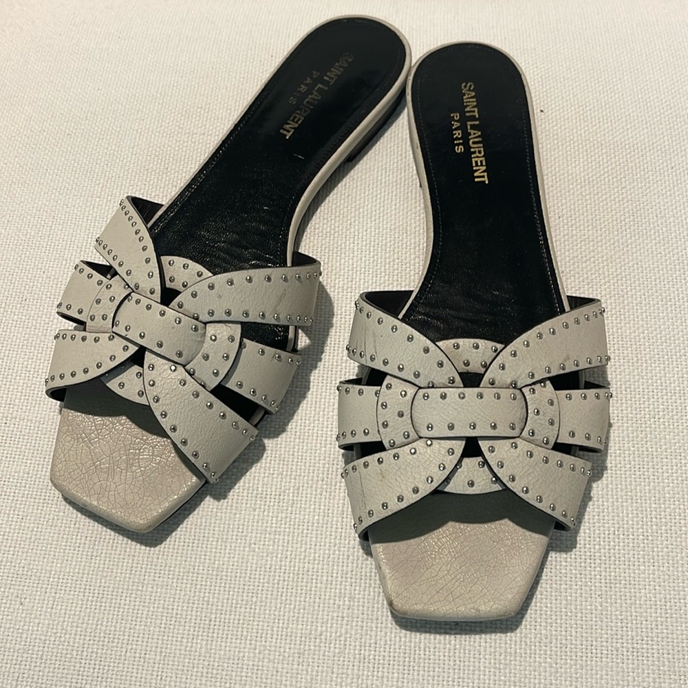 Saint Laurent Tribute Embellished Leather Slides size 39